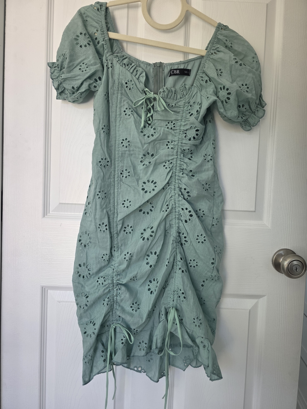 CBR Sage Green Eyelet Ruched Puff-Sleeve Midi Dress
